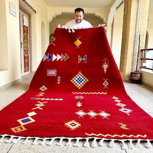Red Moroccan Rug, Beni Ourain Abstract Wool Area Rug, Bohemian Handmade Carpet for Living Room, Bedroom, Nursery