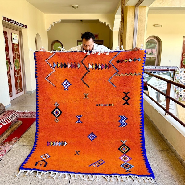 MAGNIFICENT MOROCCAN RUG, Made To Order Carpet, Berber Beniourain Rug, Orange and Blue Rug, Handmade Rug, Striped Rug, Wool Rug, Area Rug.