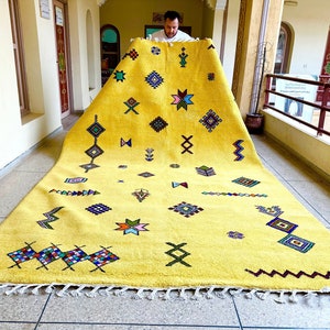 Yellow Moroccan Rug – Abstract Beni Ourain Handmade Wool Carpet – Custom Area Rug for Minimalist Bohemian Eclectic Home Decor