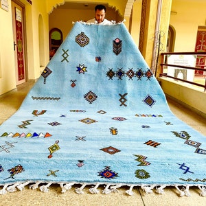 MOROCCAN WOOL CARPET, Custom Beni Ourain Rug, Blue Abstract Design, Contemporary Berber Area Rug, Handcrafted Comfort with Style