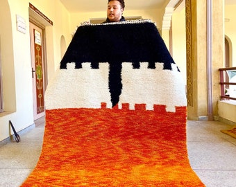 CRAFTED MOROCCAN RUG, Black and Orange Beni Rug, Handmade Shag Carpet, Authentic Berber Rug, Area Wool Rug, Personalized Interiors.