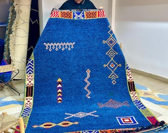 Blue Moroccan Rug, Handmade Berber Wool Rug, 8x5.8FT Beni Ourain Area Rug, Boho Living Room Rug, Wool Moroccan Carpet for Bedroom Decor