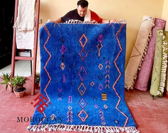 ELEGANT BLUE RUG, Handmade Beni Ourain Rug, Abstract Moroccan Design, Custom Made Wool Rug, Shaggy Berber Carpet, Vibrant Area Decor