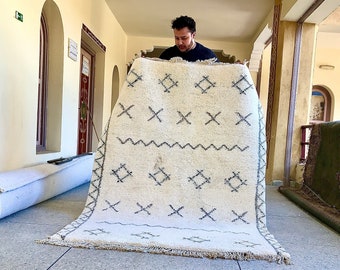 Moroccan Rug – Geometric White and Black Beni Ourain Rug, Handwoven Berber Sheep Wool Custom Area Rug for Minimalist Living Room Decor