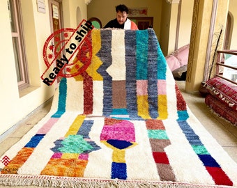 MOROCCAN WOOL RUG, Azilal Rug, Abstract Wool Cute Rug, 9x8 White Carpet, Tribal Colorful Rug, Funky Rug, Tapis Marocain, Morokko Tepisch