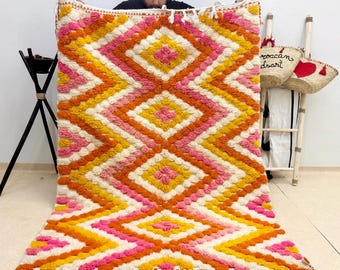 FLUFFY HANDMADE RUG, Checkered Multicolor Rug, Geometric Moroccan Rug, Beni Ourain Area Rug, Tufted Berber Carpet, High-Quality Wool Rug
