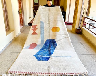 Custom Moroccan Rug, Beni Ourain White and Blue Rug, Handwoven Abstract Rug, Cozy Area Wool Carpet for Bohemian Minimalist Modern Home Decor