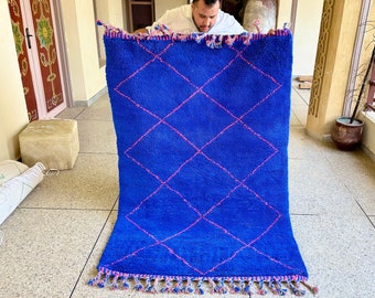 Geometric Moroccan Rug, Blue and Pink Beni Ourain, Abstract Diamond Berber Rug, Custom Handmade Wool Area Carpet for Modern Minimalist Decor