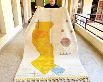 Yellow Beni Ourain Rug, Custom Moroccan Rug, Abstract Wool Shag Rug, Handmade Berber Carpet, Gorgeous & Bright Beni Area Rug.