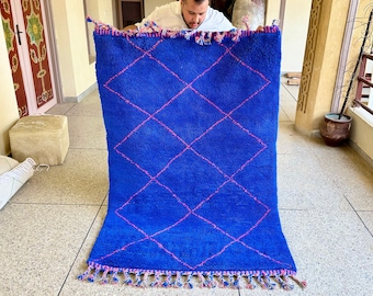 BLUE OCEAN RUG, Amazing Abstract Area Rug For Your Living Room, Handmade Form Royal Blue Wool of Sheep, Inspired From Berber Nomadic Tribes