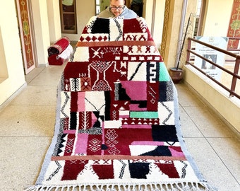 Cozy Woven BOUJAAD RUG, Boho Moroccan Rug 5x7, Handmade Sheep WOOL Rug, Geometric Red Area Rug, Colorful Vintage Berber Rug