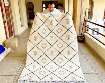 Geometric Moroccan Rug, White and Black Beni Ourain Rug, Custom Handmade Wool Rug, Berber Abstract Handwoven Rug for Minimalist Home Decor