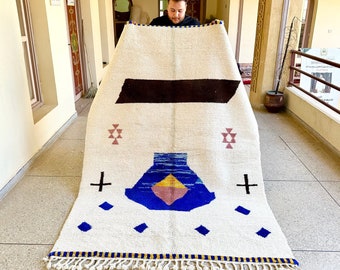 Moroccan Rug - White and Blue Abstract Beni Ourain Wool Carpet - Colorful Handwoven Area Rug for Bohemian Living Room or Bedroom