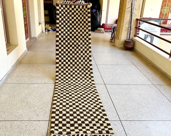AUTHENTIC CHECKERED RUNNER, Beni Ourain Moroccan Carpet, Ivory and Brown Wool Hallway, Berber Kitchen Carpet, Hand Knotted Entryway Runner.