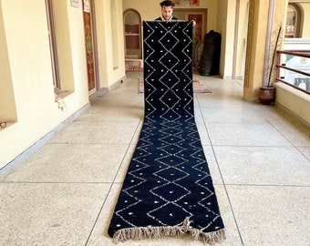 Handwoven Black Moroccan Runner Rug, Berber Wool Hallway Carpet, Authentic Beni ourain Runner, Black and White Geometric Runner Rug.