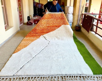MOROCCAN AREA RUG, White & Orange Berber Rug, Artisan-Crafted Beni Ourain Rug, Personalized Wool Carpet, Abstract Design.Area Rug