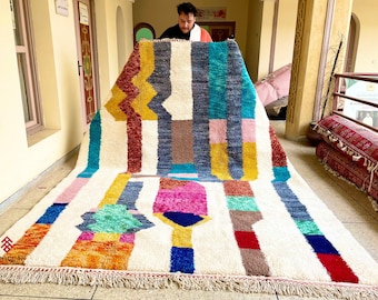 MOROCCAN BERBER RUG, Abstract Beni Ourain Rug, Handwoven Natural Wool Rug, White & Multicolors Custom Rug, Modern Tribal Face Design