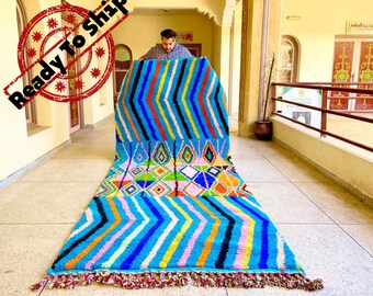 PRETTY MOROCCAN RUG, Moroccan Rug 5x12, Blue & Pink Rug, Berber Rug, Bordered Rug, Sheep Wool Rug, Area Rug, Handmade Beniourain rug,