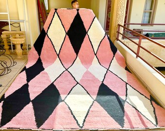 MINIMALIST WOOL CARPET, Pink Geometric Moroccan Rug, Custom Beni Ourain Rug, Elegant & Shag Area Rug, Scandinavian Interior