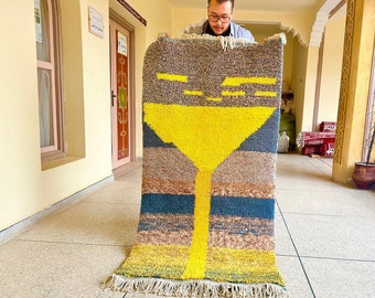 ARTISTIC Yellow RUG, Moroccan Handwoven Tufted Rug For Your Living Room, Abstract Yellow Fluffy Custom Made Carpet, Rectangular Wool Design