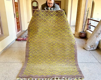 Geometric Beni Ourain Rug – Brown and Yellow Moroccan Wool Rug – Abstract Sheep Wool Rug, Custom Living Room Rug, Handmade Bohemian Area Rug