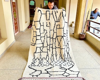 Grid Moroccan Rug – Black and White Abstract Beni Ourain Carpet – Custom Handmade Wool Rug for Scandinavian Home Style