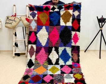 Handcrafted Wool Rug 8.5x4.2FT, VINTAGE Moroccan Floor Rug, Authentic Multicolor Area Rug, BERBER MOTIFS Artisanal Rug.