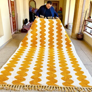 MOROCCAN WOOL CARPET, Custom Beni Ourain Rug, Yellow and White Striped Design, Contemporary Berber Area Rug, Handcrafted Comfort with Style