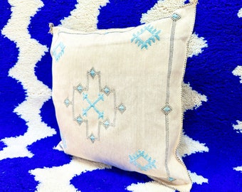 Moroccan Sabra Pillow, White Berber Pillow Silk, 20"x21" Tribal Pillow, off white Office Cushion, Tropical Style, Abstract Design Cushion