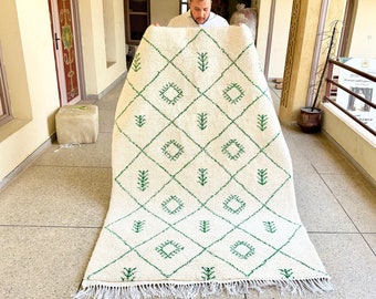 FANTASTIC Moroccan Rug, White and Green Geometric Beni Ourain Rug, Custom Abstract Wool Rug, Area Diamond Rug for Minimalist Home Decor