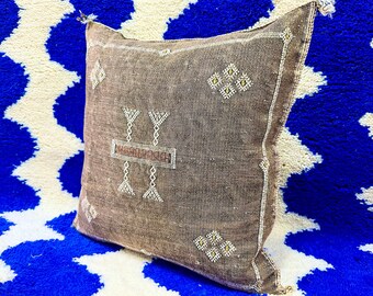BERBER PILLOW SILK, Black Sabra Silk Cushion, 21x21 Ethnic Pillow, Abstract Design Cushion, Medium Bark Black Bed Pillow,Southwestern Style