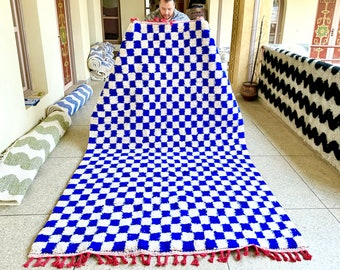Beni Ourain Rug, Moroccan Rug, Sheep Wool Rug, Checkered Rug, Authentic Carpet, White and Blue Rug, Handmade Rug, Berber Rug, Bohemian Rug