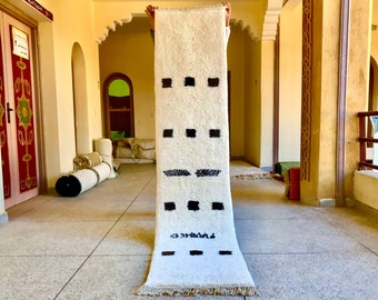 Soft Moroccan Runner Rug – Black and White Beni Ourain Rug – Handmade Abstract Hallway Rug – Minimalist Entryway Rug – Custom Wool Rug