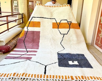 Abstract Moroccan Rug – Custom White and Brown Beni Ourain Rug, Handwoven Berber Sheep Wool Carpet, Cozy Area Rug for Living Room or Bedroom