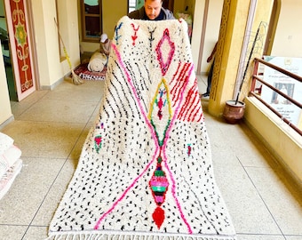 Dotted Azilal Rug, White and Pink Moroccan Carpet, Abstract Handwoven Wool Rug, Beni Ourain Handmade Black Striped Rug for Bohemian Decor