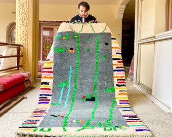 PRETTY MOROCCAN RUG, Moroccan Rug 7x4, Gray & Green Rug, Berber Rug, Bordered Rug, Sheep Wool Rug, Area Rug, Handmade Beniourain rug,