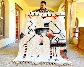 Moroccan White and Black Rug – Abstract Beni Ourain Wool Carpet – Custom Handmade Wool Rug for Contemporary Living Room or Bedroom