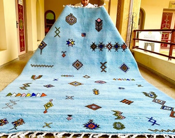 MOROCCAN WOOL CARPET, Custom Beni Ourain Rug, Blue Abstract Design, Contemporary Berber Area Rug, Handcrafted Comfort with Style