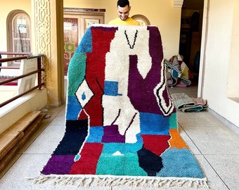 Moroccan Rug – Colorful Abstract Handmade Beni Ourain Wool Carpet – Custom Multicolor Bohemian Area Rug for Vibrant Living Room