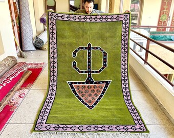 GREEN RUG, Handwoven Beni Ourain Rug, Shaggy Moroccan Design, Geometric Pattern Area Rug, Natural Wool Berber Carpet.