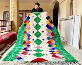 Stunning Beni ourain Rug, Green Moroccan Handmade Rug, Multicolor Geometric Sheep Wool Carpet, Bohemian Custom Area Rug
