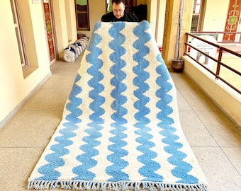 BENI OURAIN RUG, Blue & White Moroccan Rug, Custom Size Decorative Berber Rug, Striped Handmade Area Rug, Scandinavian Wool Moroccan Carpet