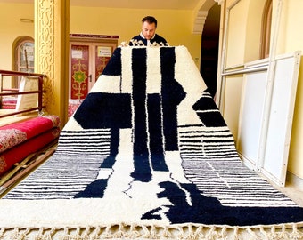 PRETTY MOROCCAN RUG, Handmade Beni Ourain Rug, Boho Black & White Rug, Custom Abstract Rug, Berber Handwoven Wool Rug, Cozy Chic Area Rug.