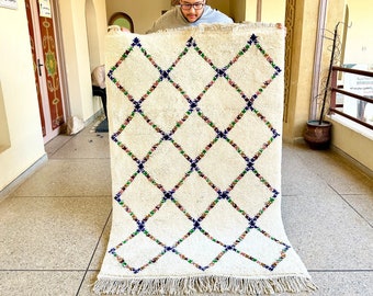 MOROCCAN WOOL RUG, Berber Beniourain Rug, Blue and off white Rug, Handmade Sheep Wool Rug 6x4, Abstract Rug, Large Area Rug, Handwoven Rug.