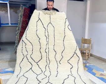 Moroccan rug hand knotted - black and white rug - 7.8x5.5FT Beni ourain rug - Handmade rug - Moroccan area rug - All Wool berber rug