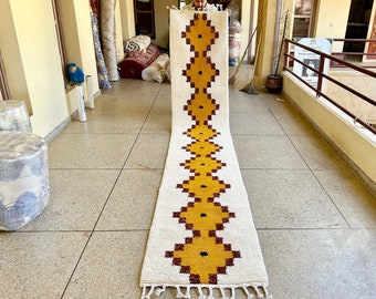 GEOMETRIC HALLWAY RUG, Yellow & White Wool Runner, Moroccan Beni Ourain Style Rug, Handmade Berber Shag Rug, Custom Size Rug, Fluffy Rug