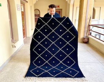 Moroccan Rug – Black and White Geometric Beni Ourain Rug – Handmade Wool Berber Carpet for Boho & Contemporary Home Decor