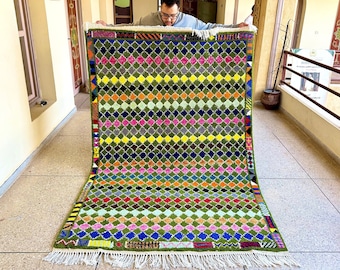 8x5 FT AREA RUG, Berber Green Wool Rug, Moroccan Handmade Carpet, Checker Tufted Boho Rug, Handwoven Beni Ourain Rug, Unique Shaggy Rug.