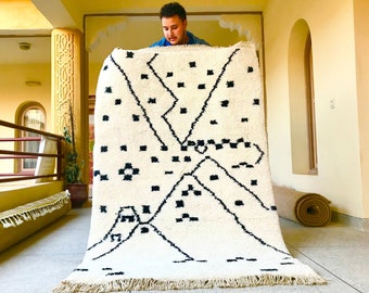 Moroccan Black and White Rug – Abstract Beni Ourain Wool Carpet – Custom Handmade Wool Area Rug for Bohemian & Eclectic Home Decor