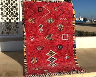 RED RUG, Modern Abstract Moroccan Rug, Handwoven Wool Area Rug, Bohemian Beni Ourain Rug, Custom Berber Carpet.